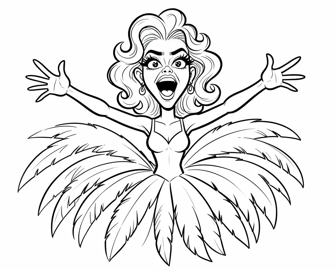 [People Portraits & Characters] Portrait of a glamorous opera singer mid-note with arms flung wide and a feathered gown, full of personality and charm