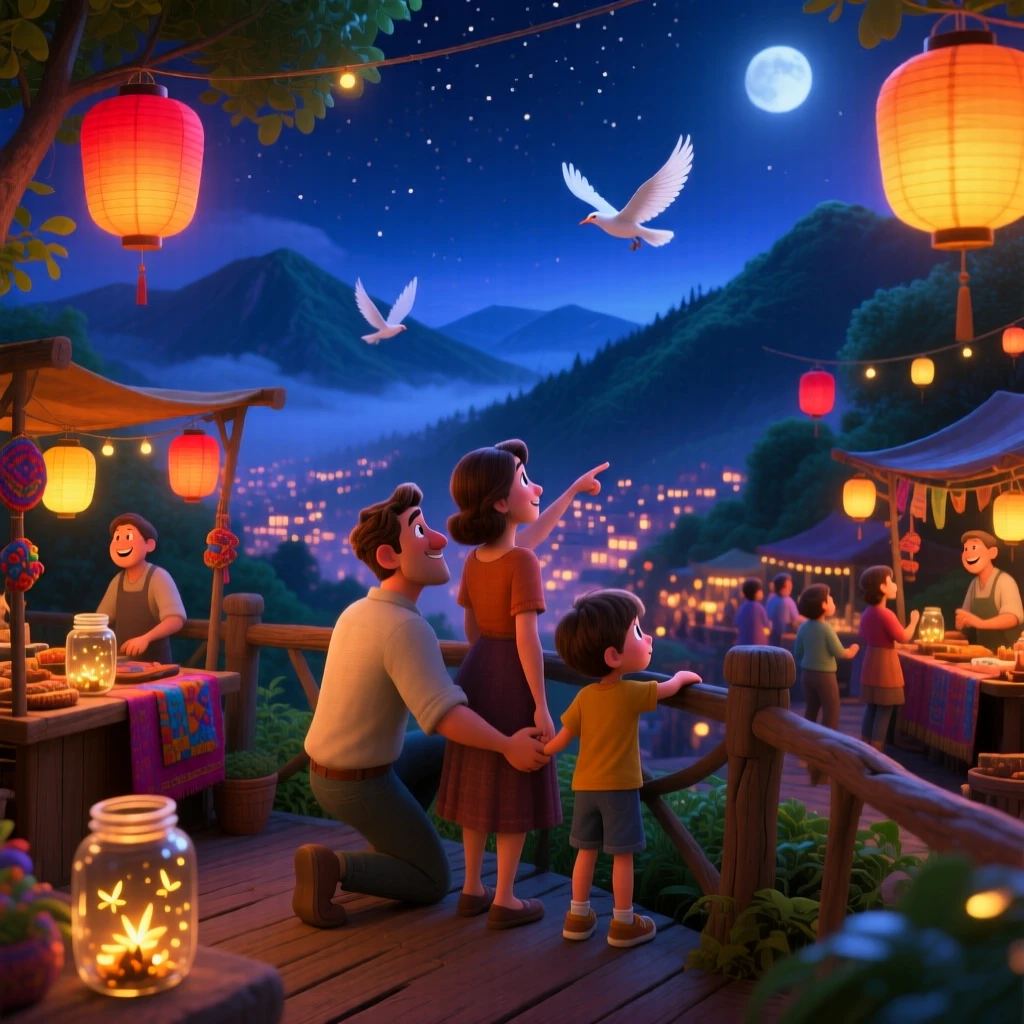 A family taking in the view stands at a bustling night market strung with lanterns, pausing to breathe in the fresh mountain air. A quiet excitement for discovery lingers in the air, with distant birds gliding on the breeze.