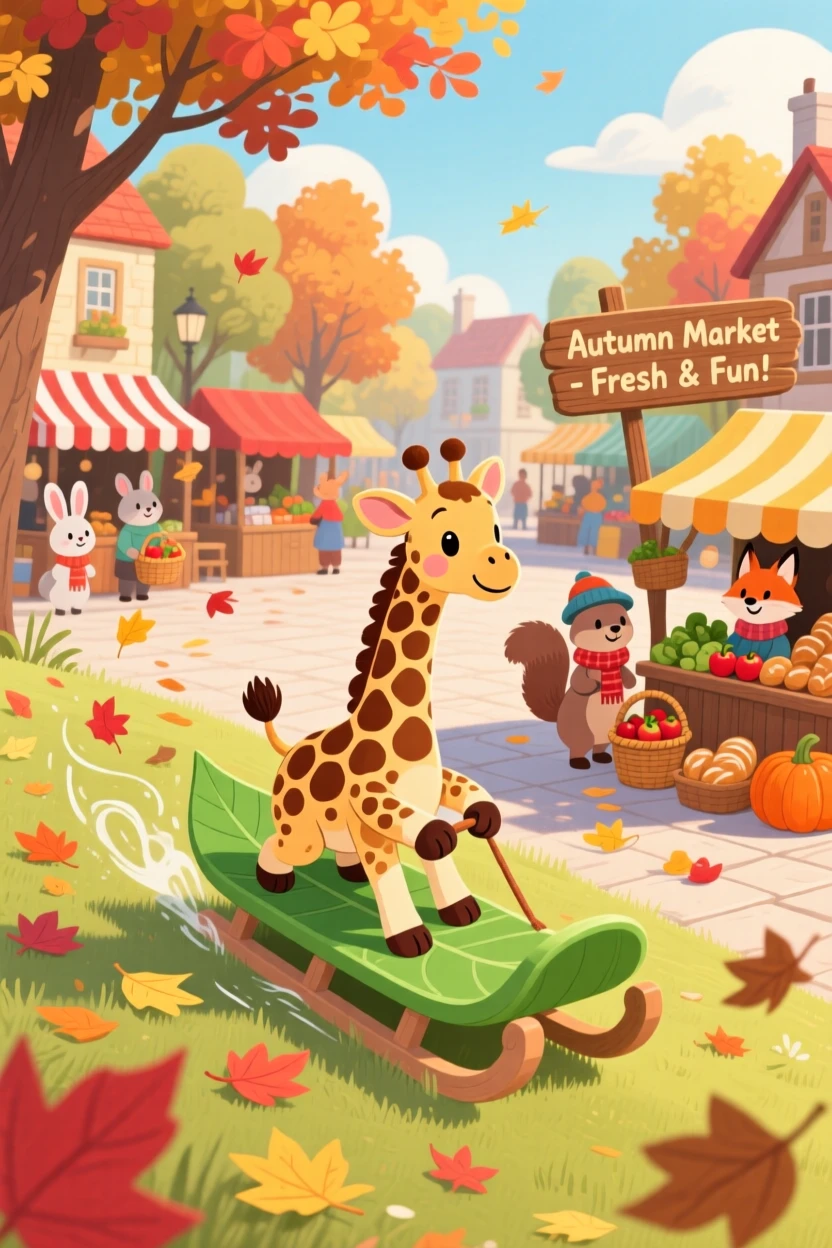 In a bustling market square, a spotted baby giraffe spends the afternoon sledding down a grassy hill on a leaf, with a trail of fallen leaves swirling around.