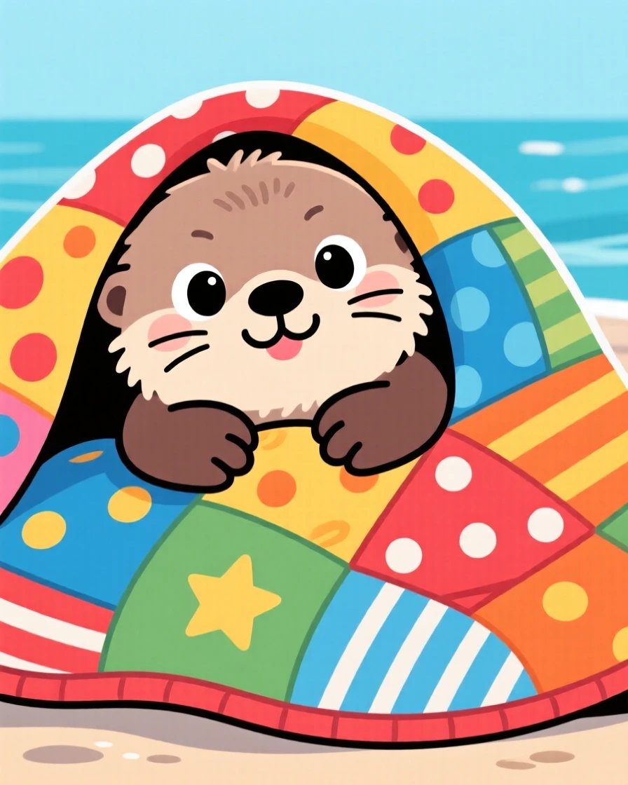 A tiny sea otter pup snuggling under a patchwork quilt.