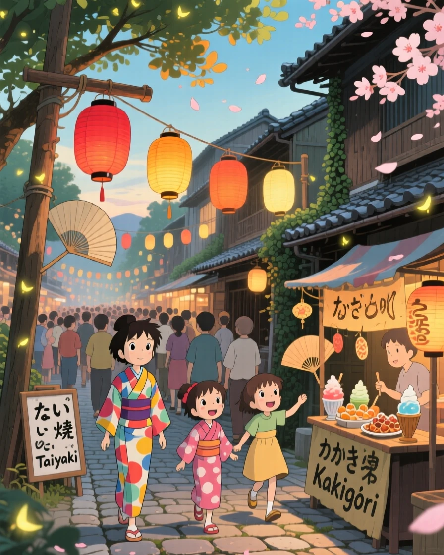 A summer scene of a lively festival with paper lanterns strung above a crowded street, as townsfolk go about their day.