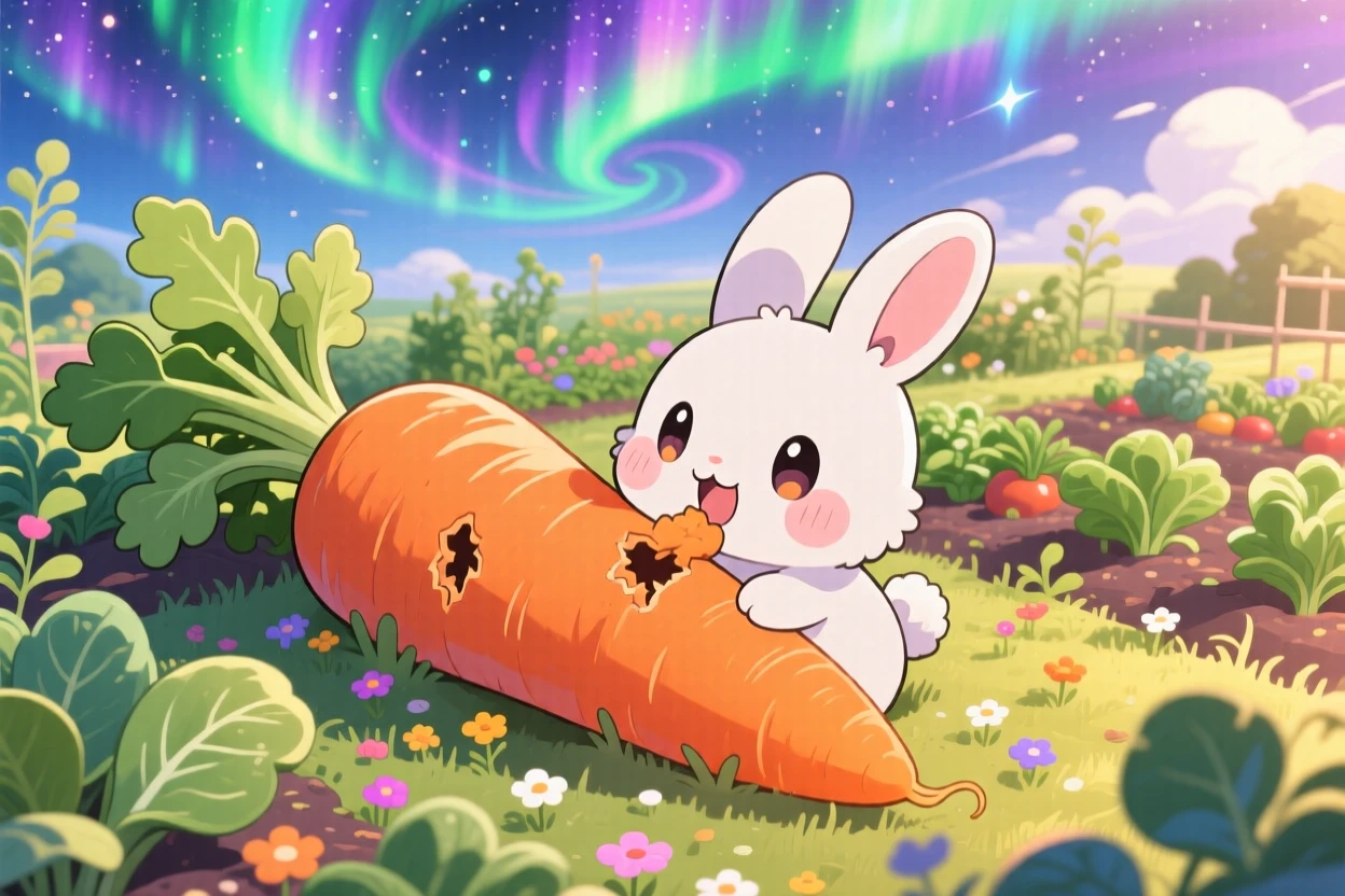 A fluffy white bunny nibbling on a giant carrot twice its size in a cozy vegetable garden beneath swirling aurora-lit skies; soft golden-hour sunlight washes over the scene as peaceful calm fills the moment. High aerial view.