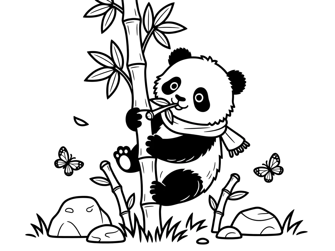 A baby panda climbing a bamboo stalk while munching on leaves