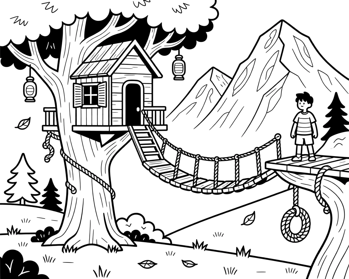 A treehouse fort connected by a rope bridge, with jagged peaks rising in the background.