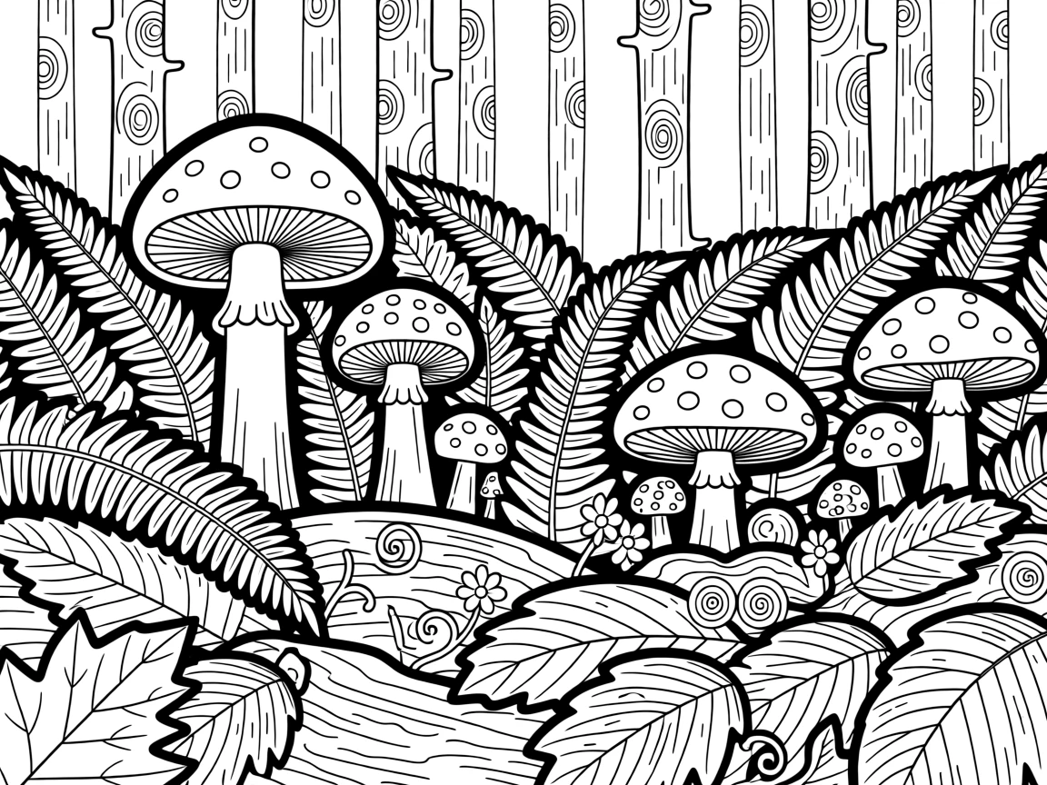 A dense fern-covered forest floor dotted with mushrooms and fallen autumn leaves.