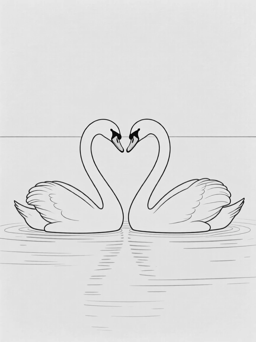 A pair of swans forming a heart shape with their necks on a still lake