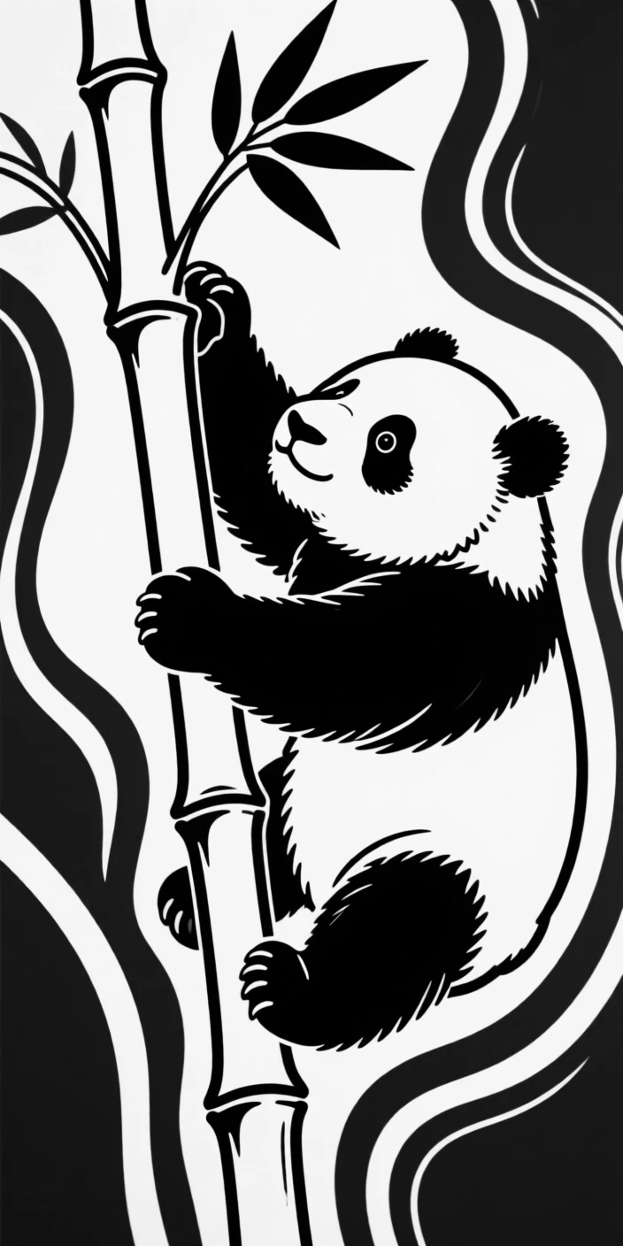 A giant panda cub climbing a bamboo stalk, one paw reaching for a leaf overhead.
