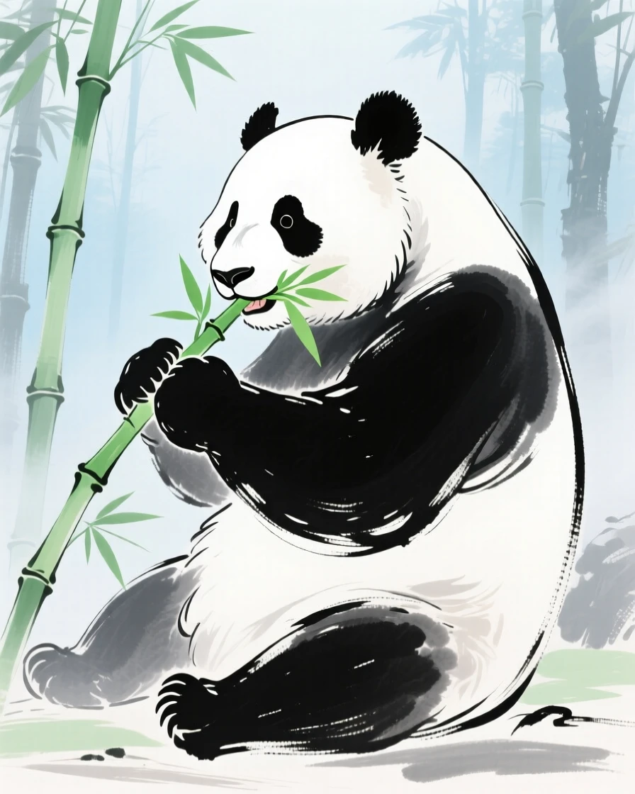 A giant panda chewing on a fresh stalk of bamboo in a misty forest.
