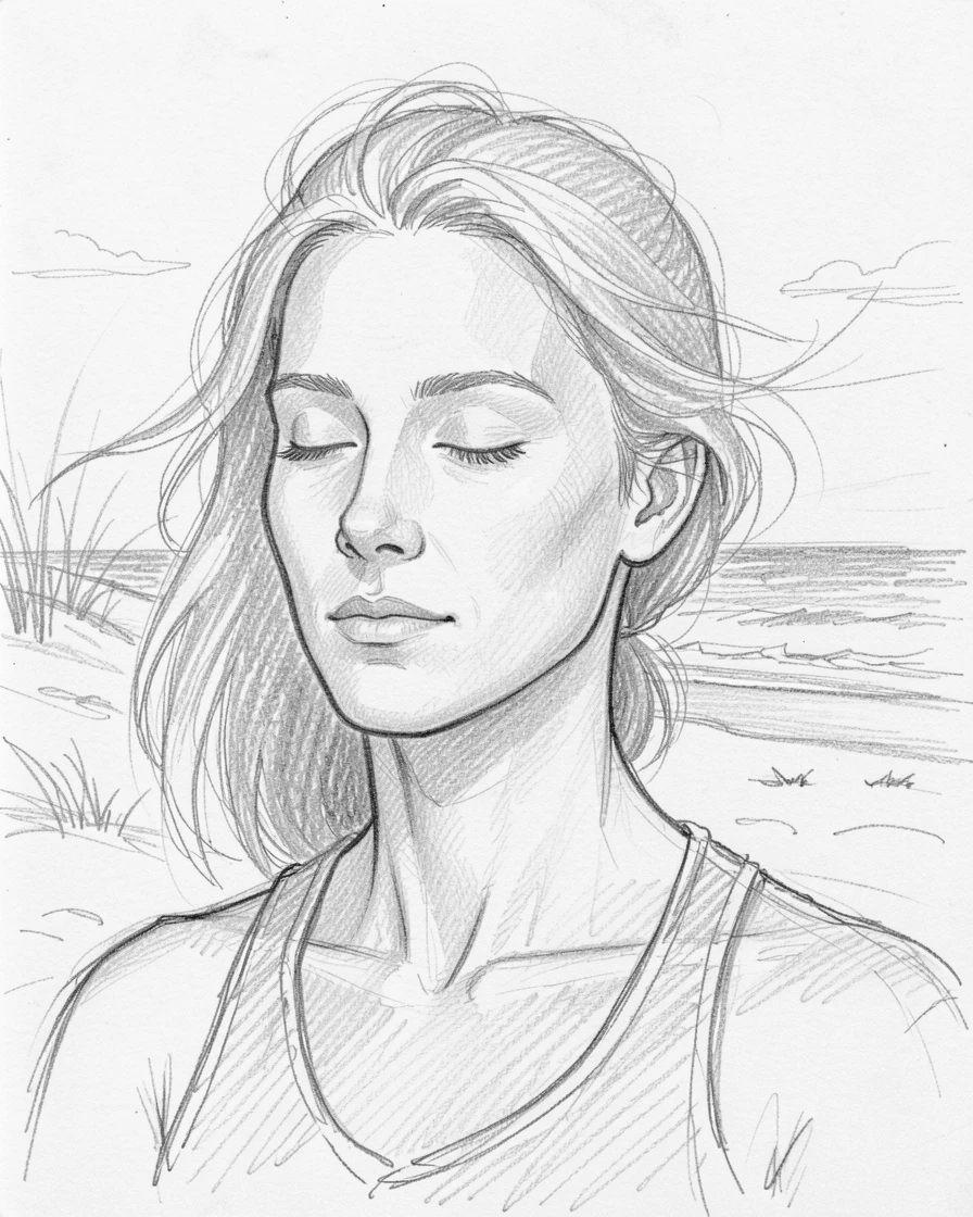 Intimate close-up of a serene yoga instructor on a windswept beach at dawn, eyes closed in quiet contemplation.
