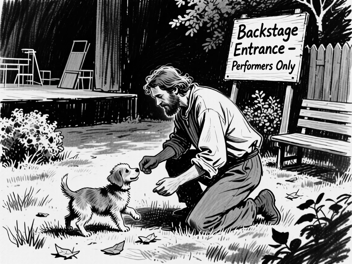 A shepherd playing with a puppy in the garden, backstage before a performance.