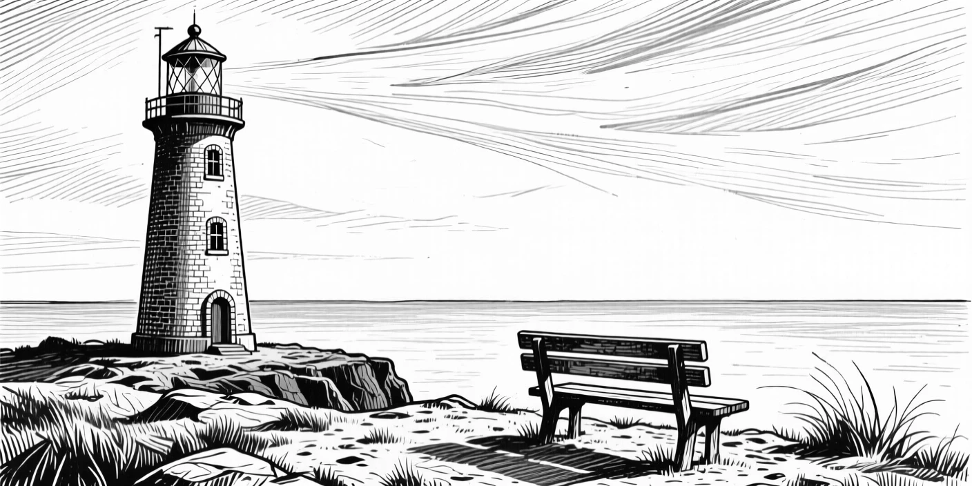 A solitary lighthouse at the edge of an endless horizon, with a single wooden bench overlooking the view, evoking a windswept and dramatic atmosphere in a wide, balanced composition.