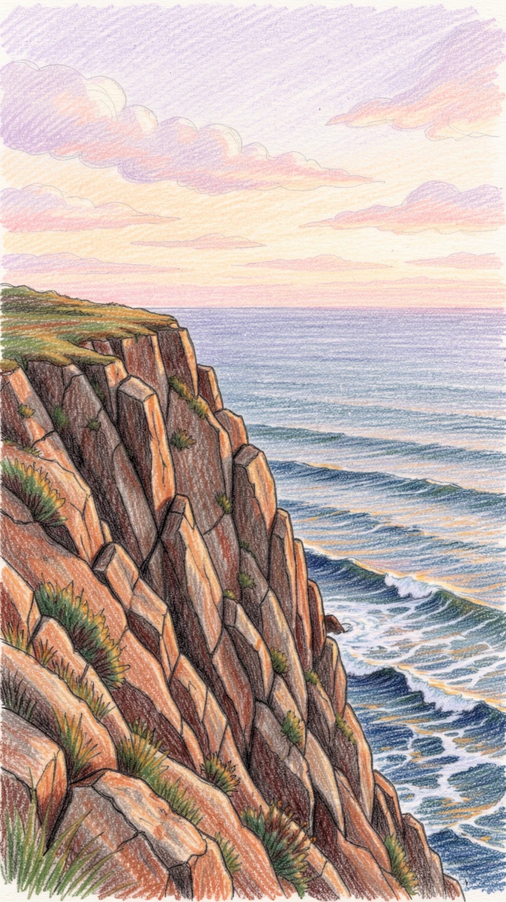 A dramatic sea cliff with waves crashing far below at golden hour, with soft clouds drifting across a pastel-colored sky, capturing a fleeting, magical moment in nature.