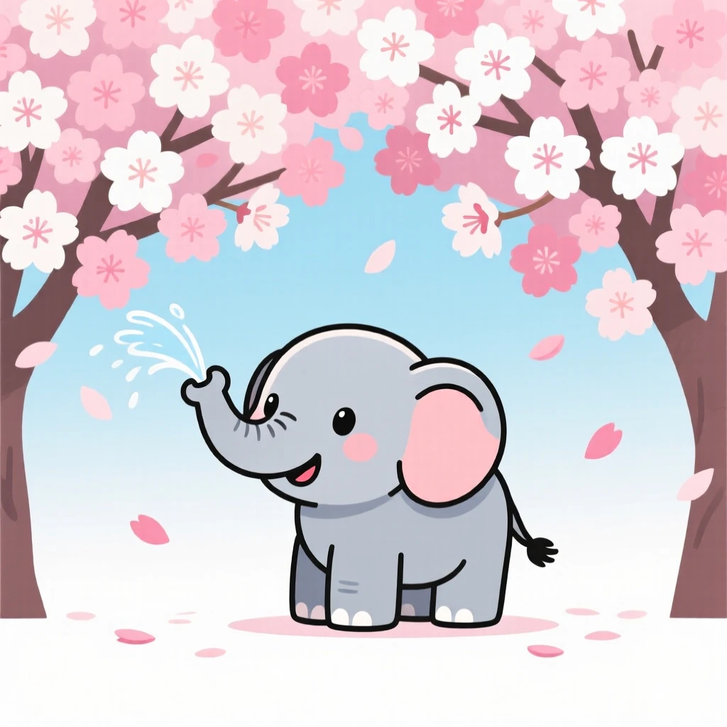 A curious baby elephant spraying water from its trunk, set beneath a canopy of cherry blossom trees, grouped together in a playful cluster composition, with a sense of playful curiosity captured perfectly.
