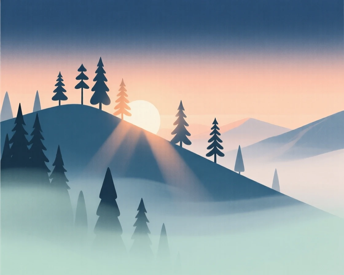 A misty alpine ridge at sunrise with soft light filtering through the treetops.