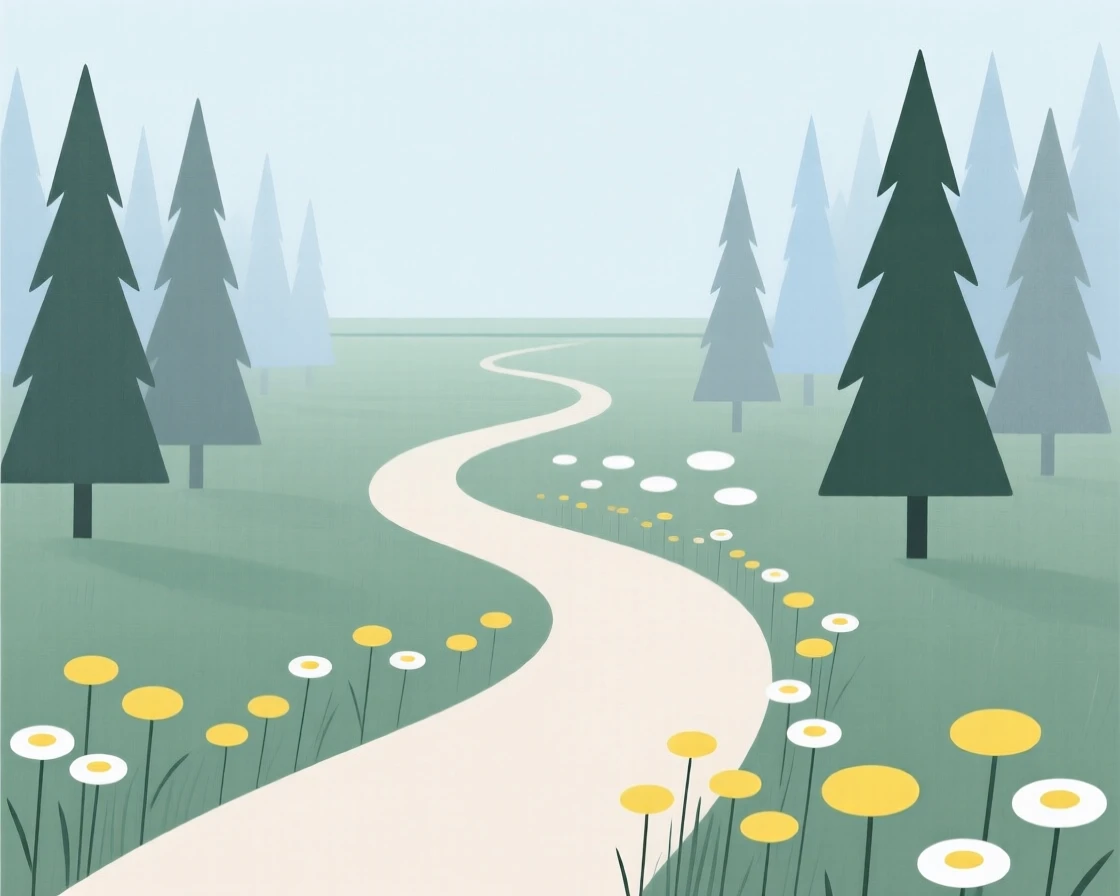 A winding path through a foggy pine forest leading toward a field of wildflowers, with wildflowers swaying in the breeze scattered along the way, radiating quiet solitude.