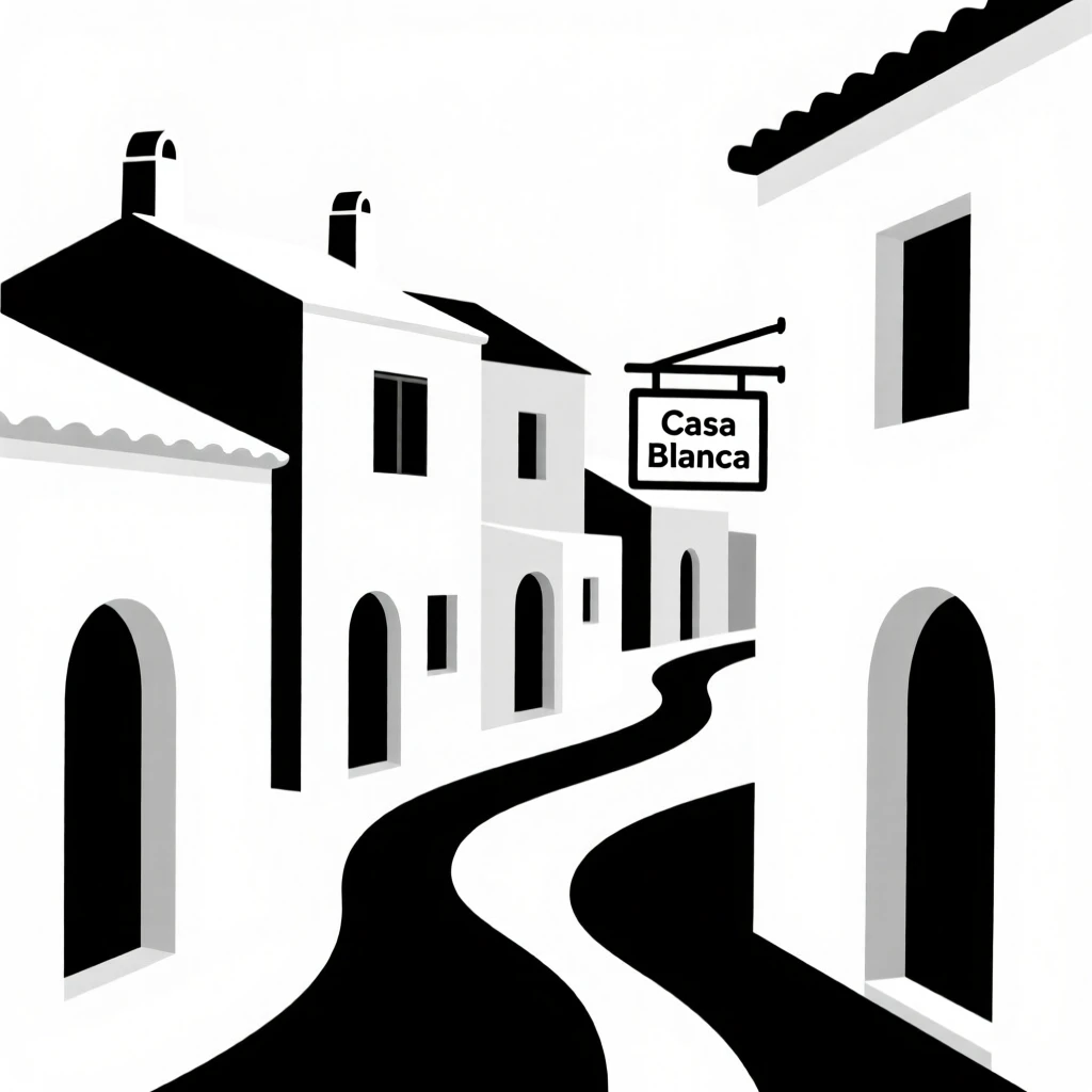 A Mediterranean village of white-washed houses.