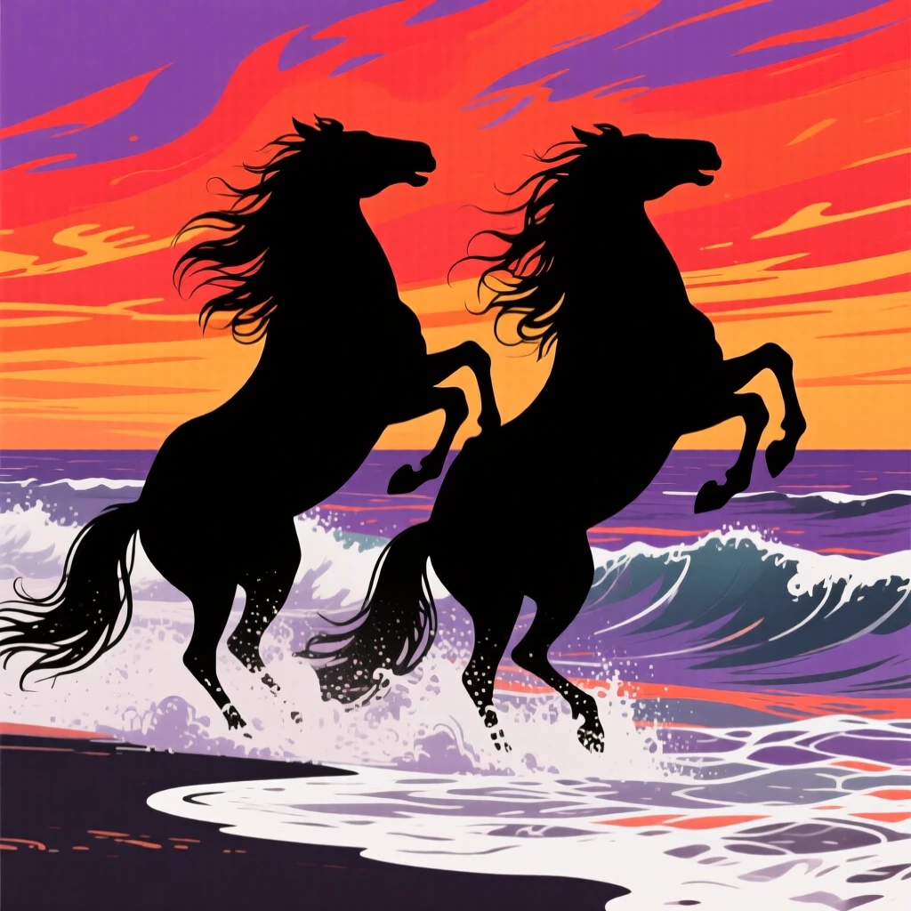 Two wild horses rearing up together at the edge of crashing ocean surf, manes whipping in the wind.