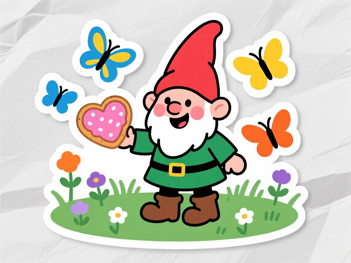 A content cheerful gnome offering a heart-shaped cookie, in a meadow with butterflies fluttering around.
