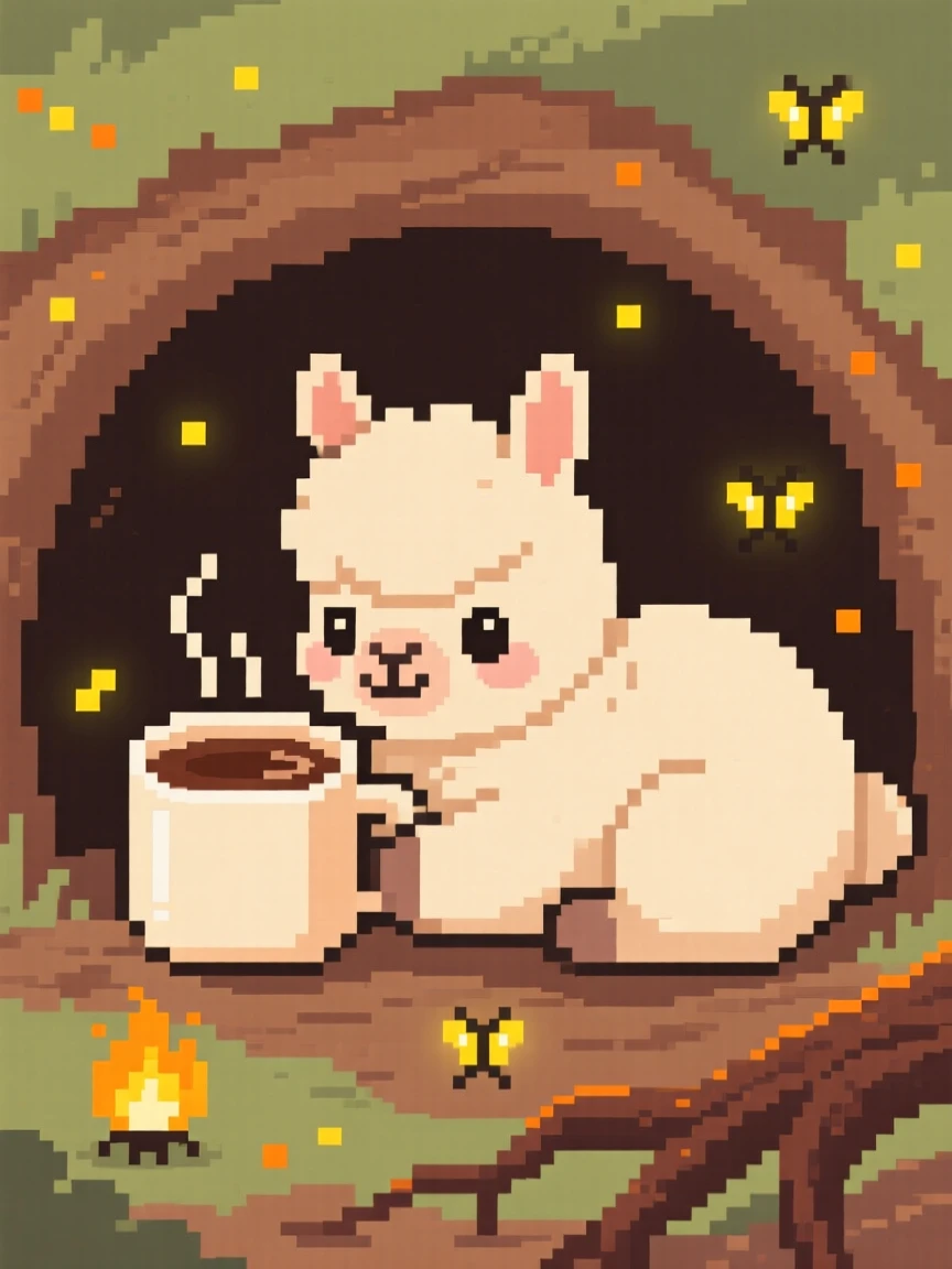 A baby alpaca curled around a warm mug of cocoa, inside a cozy burrow lit by fireflies.