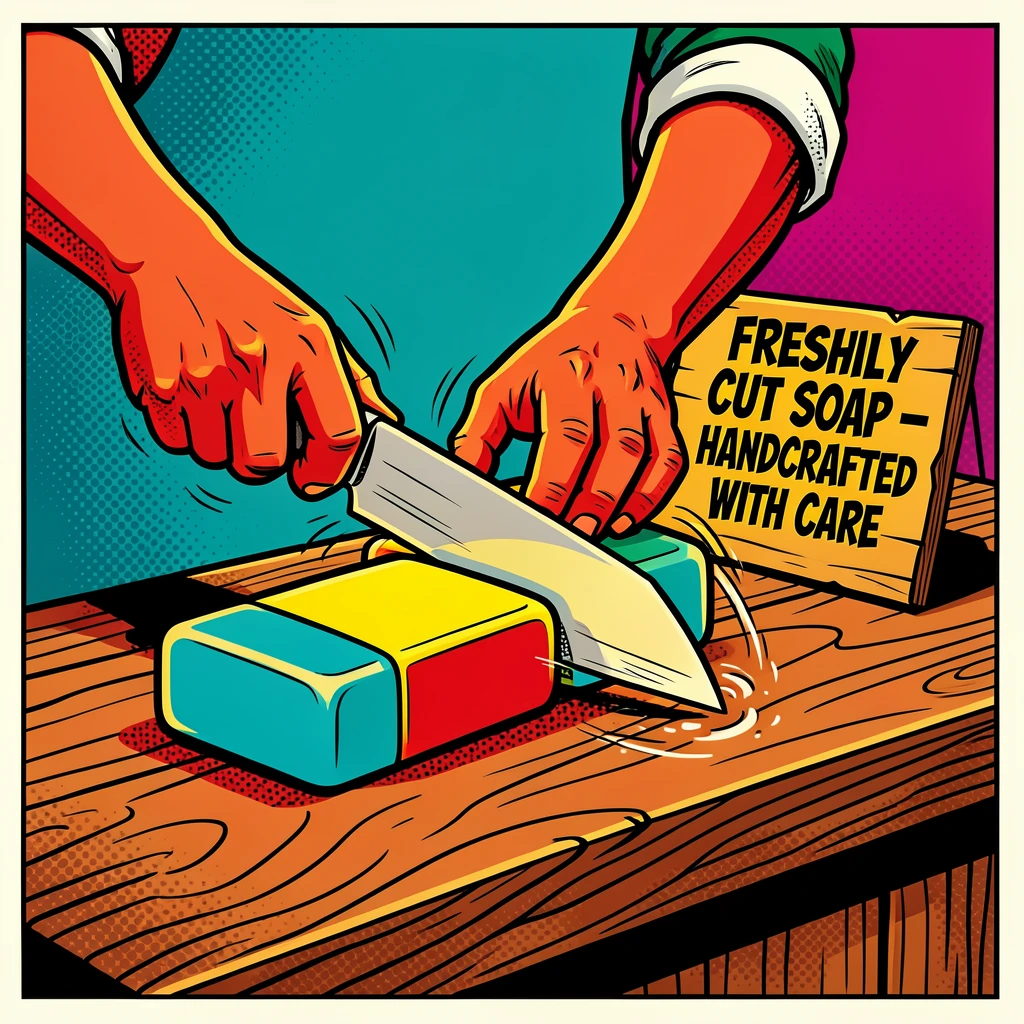 A soap maker cutting fresh bars on a rustic countertop