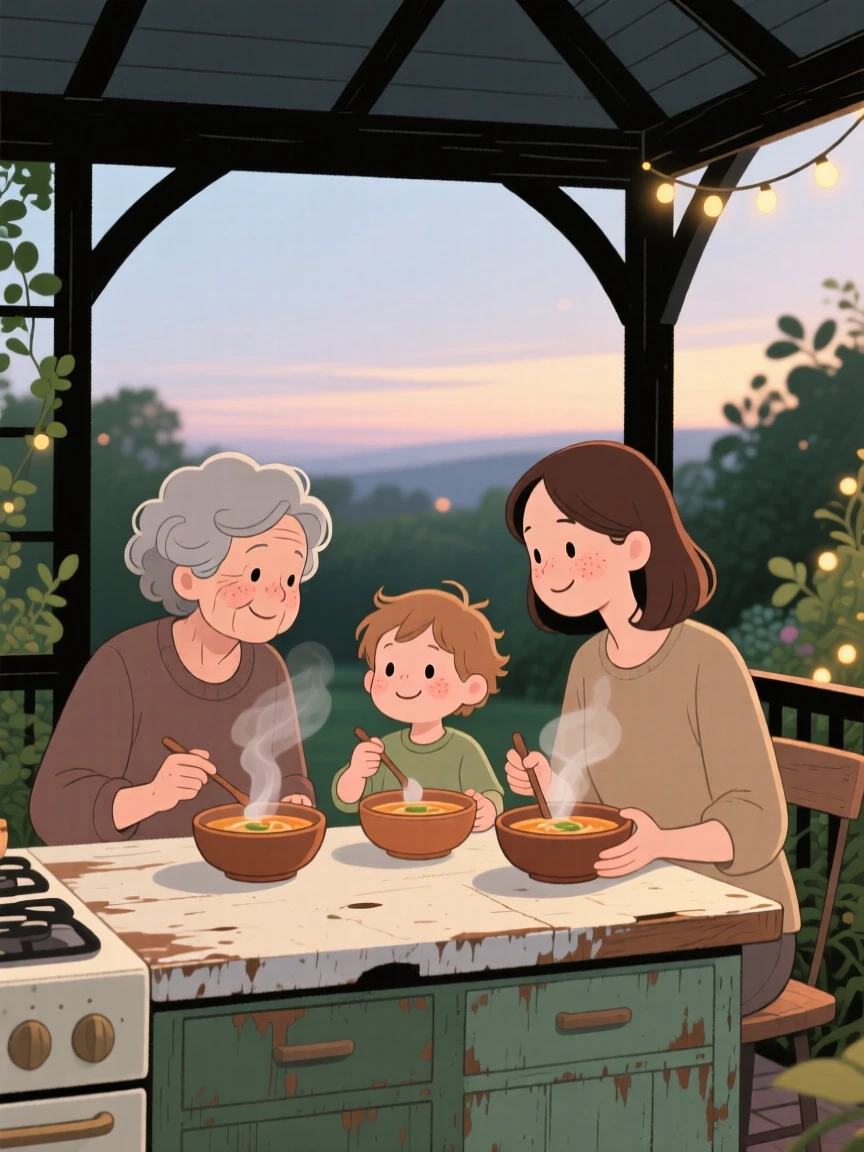 Three generations of a family gather around a worn kitchen counter in the garden gazebo, sharing steaming bowls of soup and stories as evening settles in outside.
