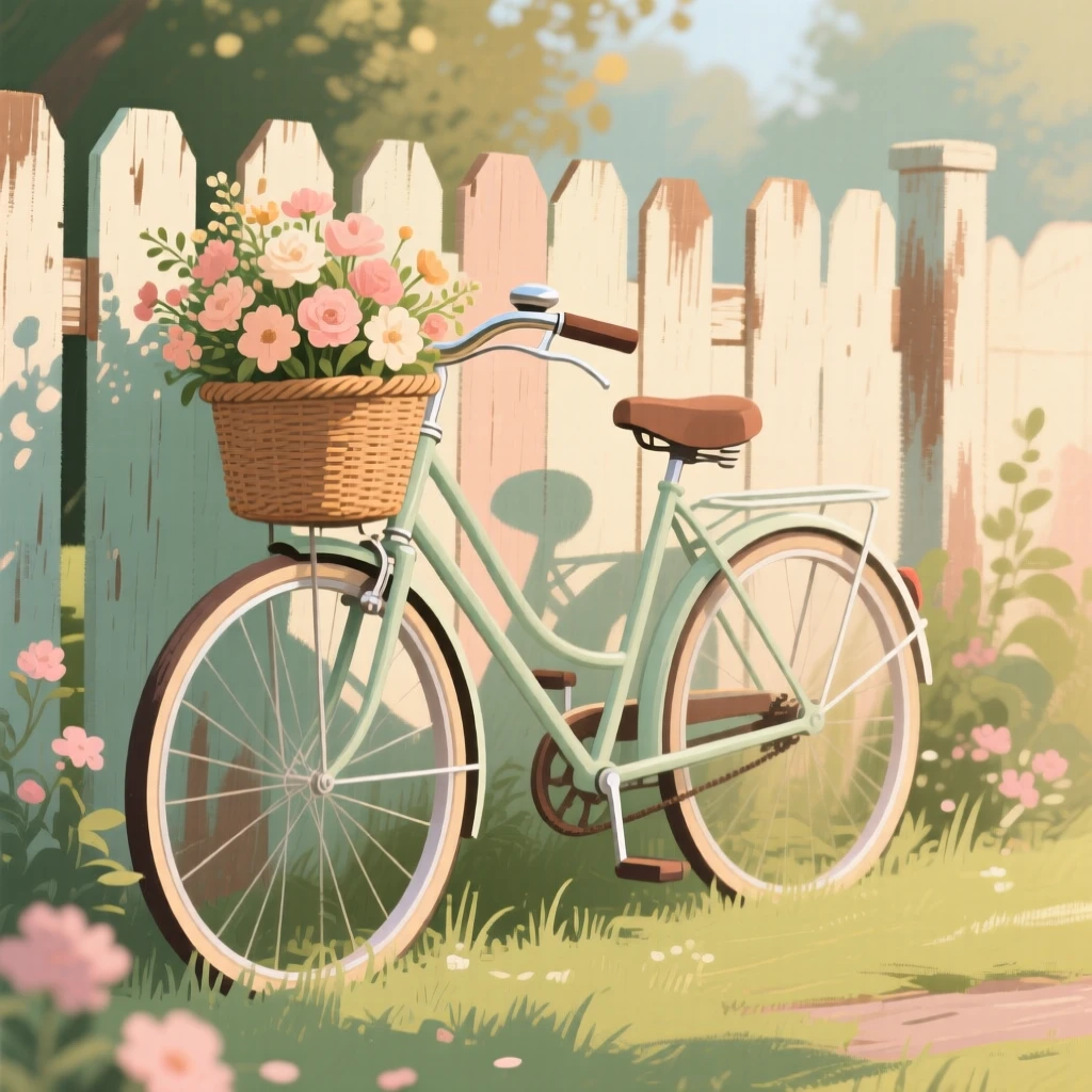 A classic bicycle with a wicker basket of flowers parked by a fence