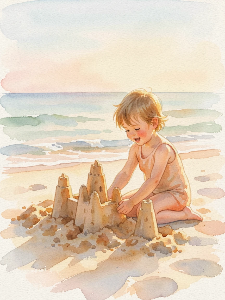 A child building a sandcastle on the beach as golden afternoon light glows around them.