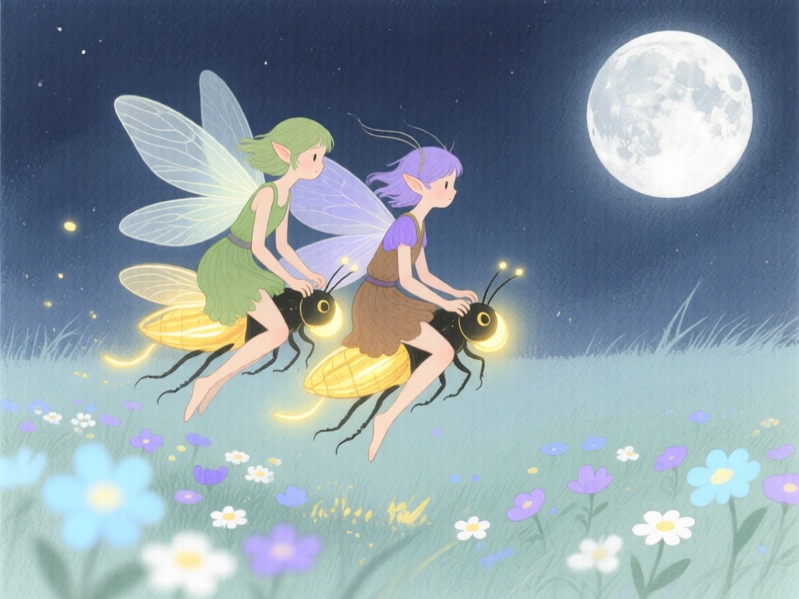 A pair of woodland sprites ride on the backs of fireflies through a moonlit meadow of glowing flowers