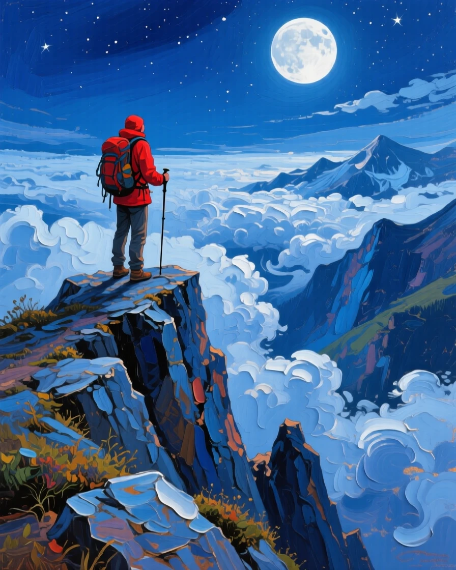 a lone hiker on a narrow ridge above a cloud-filled valley, beneath a moonlit sky, with a clear foreground, subject, and distant setting.