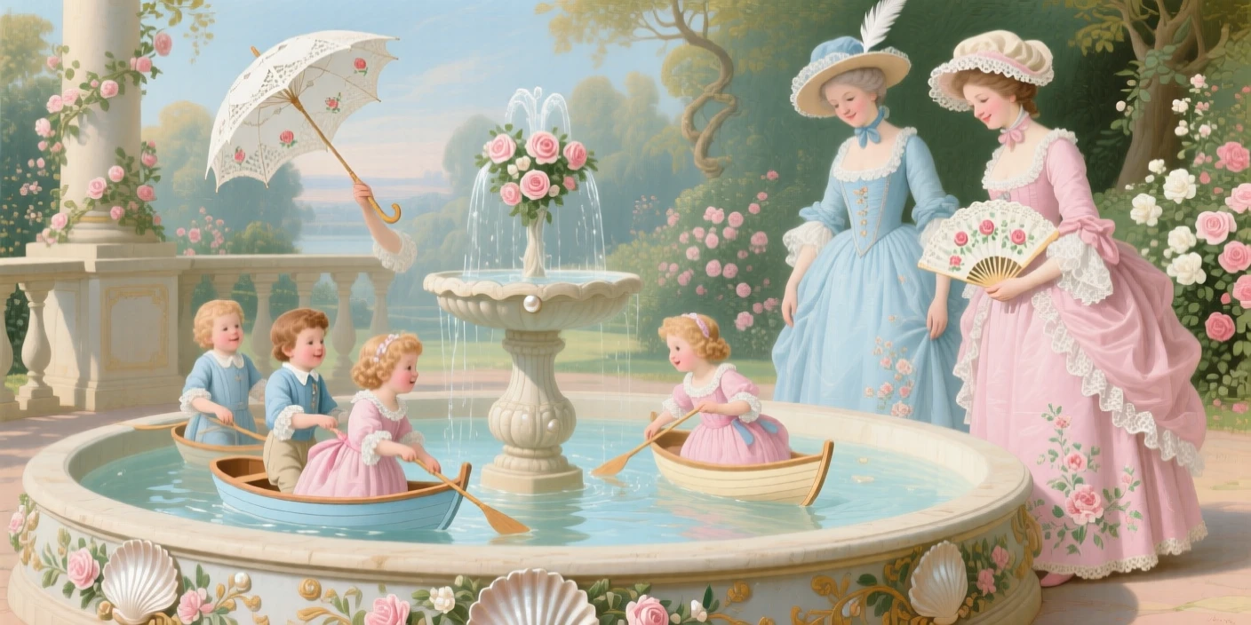 Children sailing miniature boats across a fountain basin watched by amused governesses  
