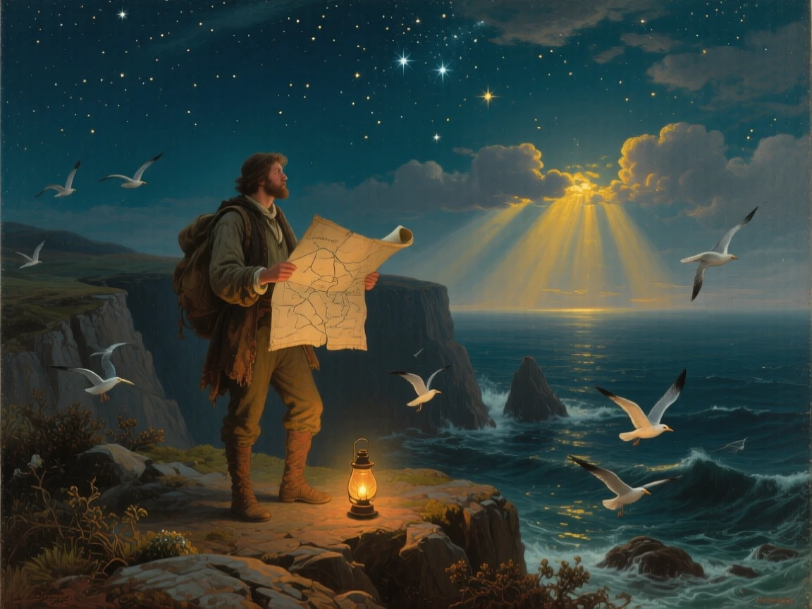 Under a sky dense with stars, A solitary traveler on a high coastal cliff, holding a weathered map as seabirds wheel below, surrounded by a vast storm-cleared ocean, sunbeams breaking through distant clouds; a small warm light anchors the foreground, the silence feels intimate and infinite.