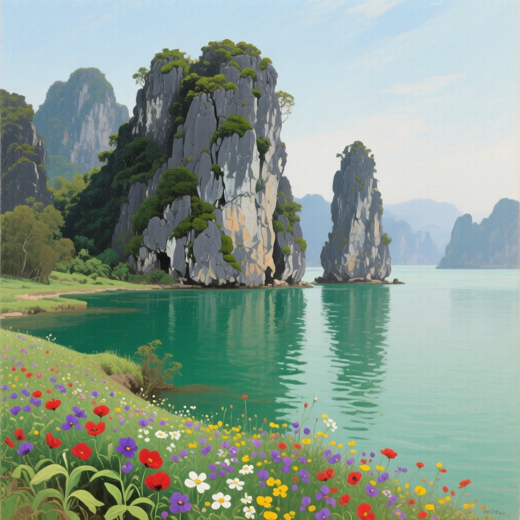 A limestone karst landscape rising from calm emerald waters, with wildflowers scattered across the foreground, framed to highlight the vastness and grandeur of the setting