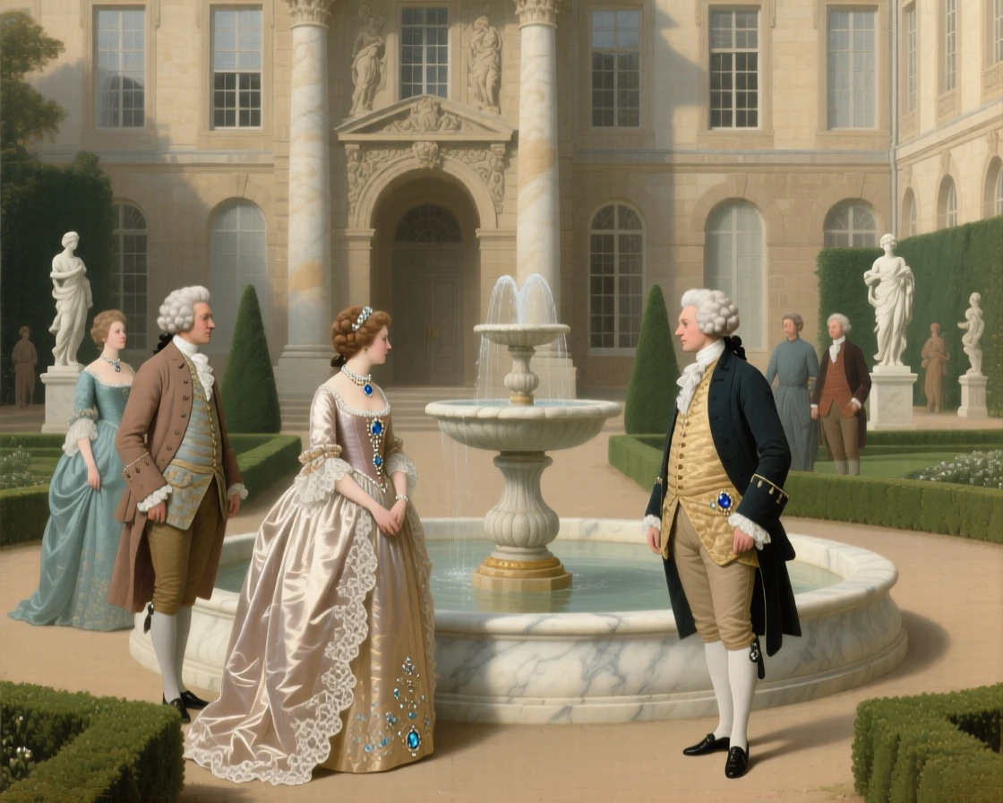 Guests admiring a fountain in the courtyard of a grand estate just before the grand doors are thrown open, set in a formal garden with clipped hedges and marble statues, with silk gowns, powdered wigs, and glittering jewels catching the light; rich architectural framing lends grandeur without crowding the figures, evoking refinement, tradition, and quiet opulence.