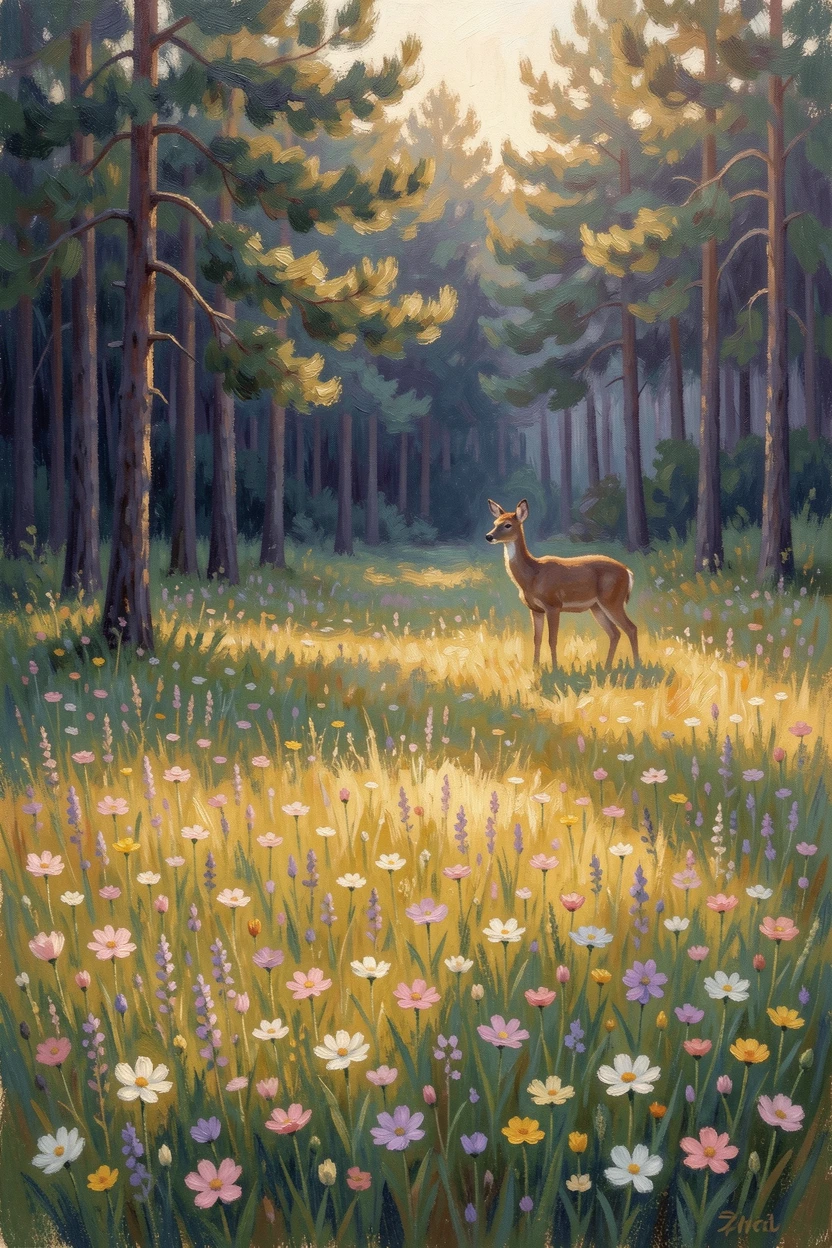 A wildflower meadow at the edge of a dark pine forest, a deer pausing at the treeline in the golden hour light.