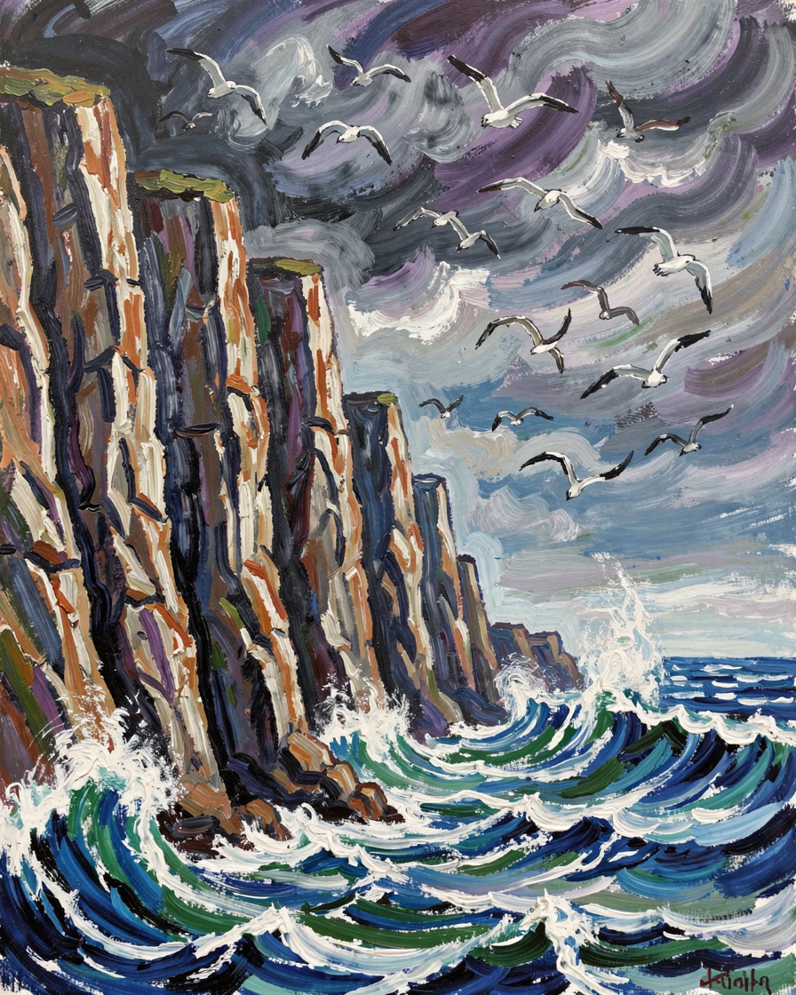 Towering sea cliffs battered by crashing waves under a stormy sky, seabirds wheeling overhead.