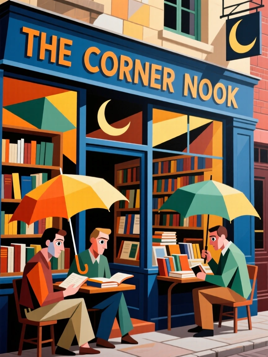 A vibrant scene of a cozy corner bookshop dotted with umbrellas shielding patrons from the sun.