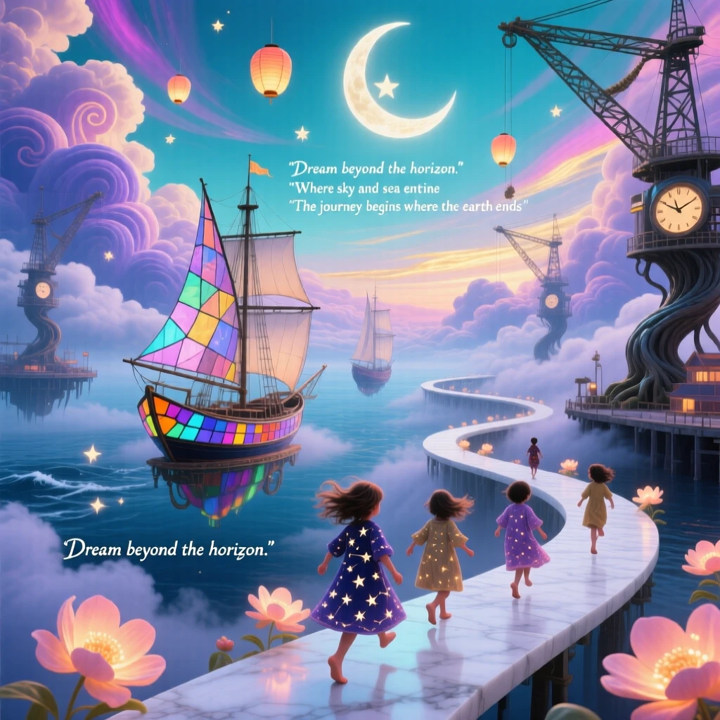 A floating harbor where boats sail through clouds instead of water floats free of any visible ground below, while children run along paths that curve into the sky.