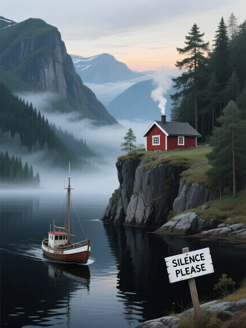 Misty pine forests cling to the steep flanks of a Norwegian fjord mountain, a red cabin perched on a cliff edge overlooking still black water, morning fog rolling low between the peaks as a fishing boat glides silently below.
