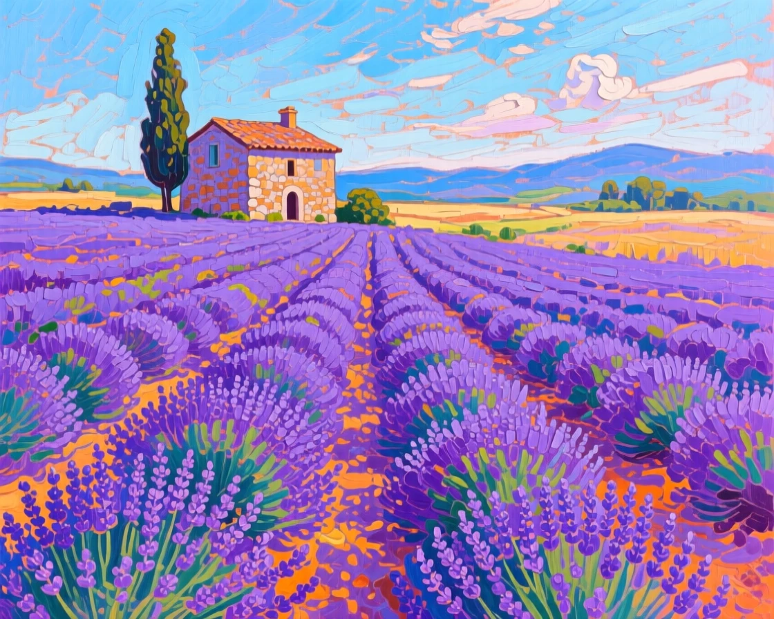 An endless field of purple lavender in Provence stretching toward a distant stone farmhouse, a single cypress tree breaking the horizon line