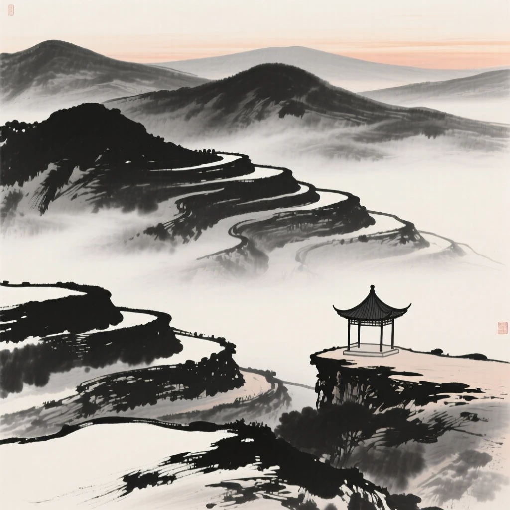 a chain of terraced foothills, cloaked in thin evening vapor, with a small pavilion perched on a ledge.