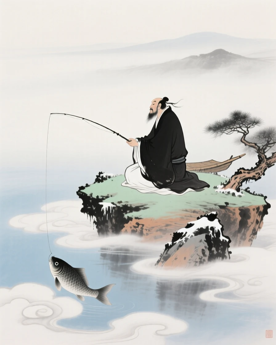 An immortal fisherman casting a line from a floating island in the clouds, radiating gentle serenity, as winter frost settles, through a light drifting mist.