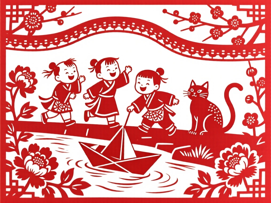 A cheerful group of playmates, launching a paper boat down a garden stream, a cat watching curiously from a garden wall.