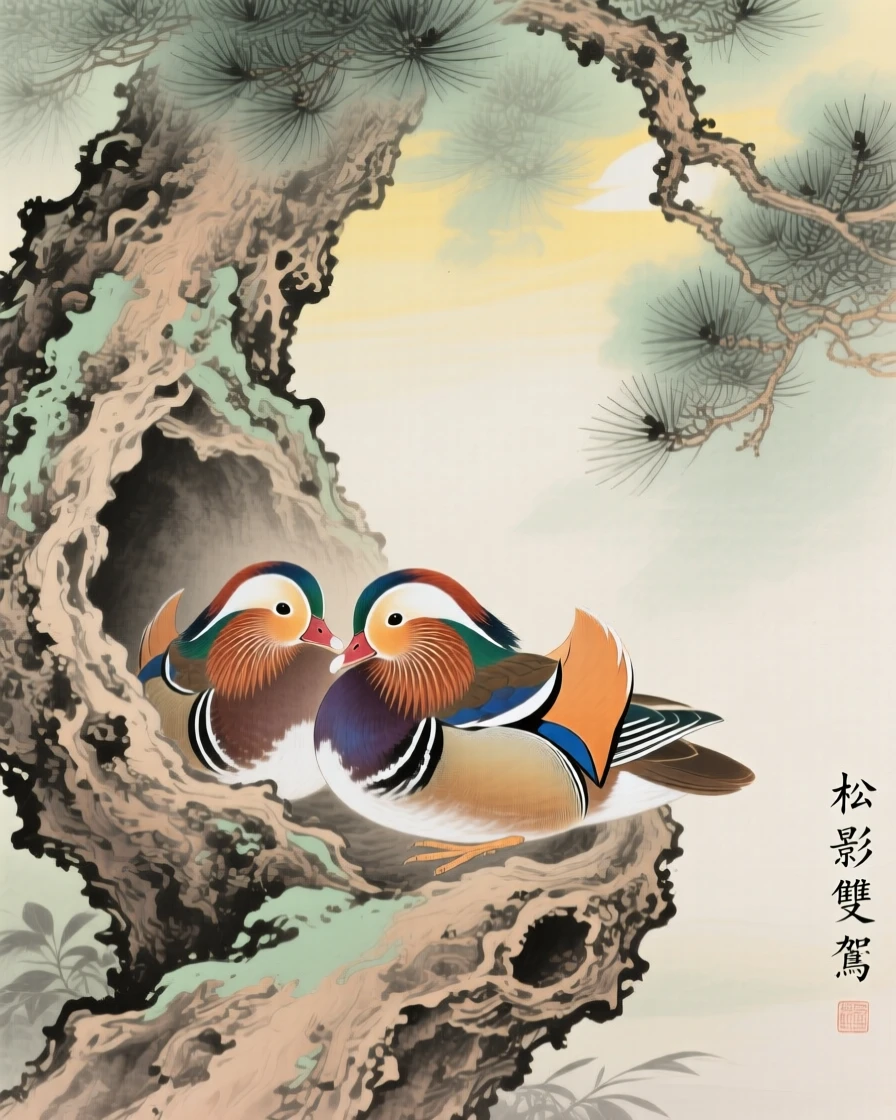 A pair of mandarin ducks nestled in a hollow of an old pine tree, soft morning light filtering through the branches