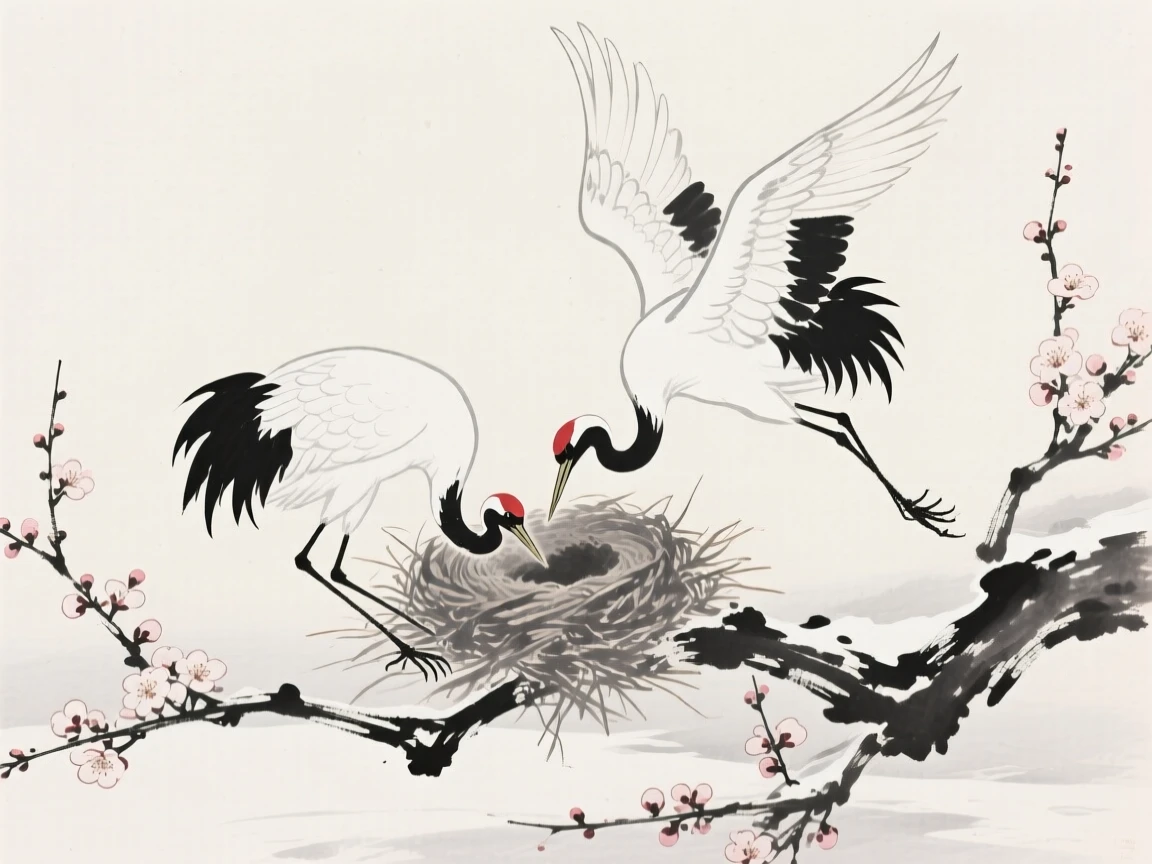 A pair of cranes nesting among blossoming branches against a pale, empty winter sky, captured mid-motion with wings outstretched, evoking grace, freedom, and quiet elegance.