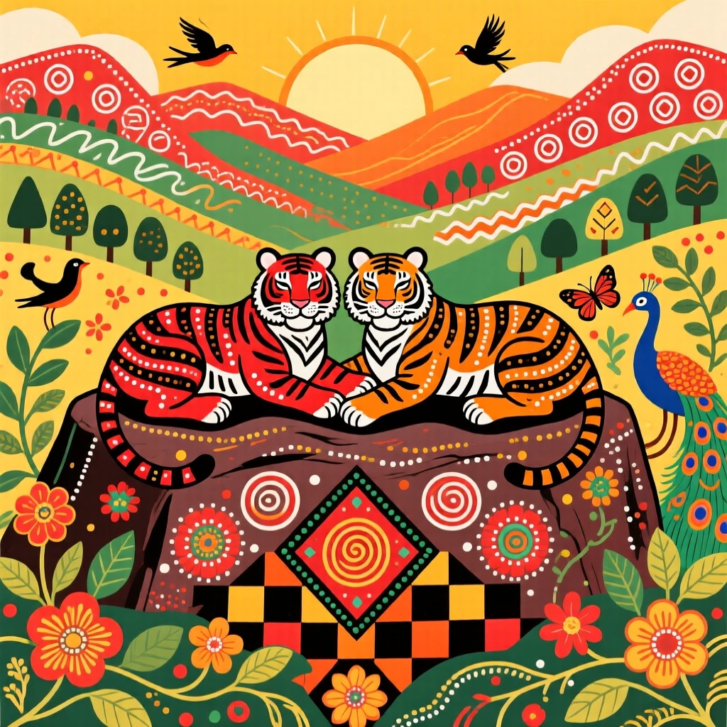 Two tigers resting together on a sunlit rock overlooking a valley.