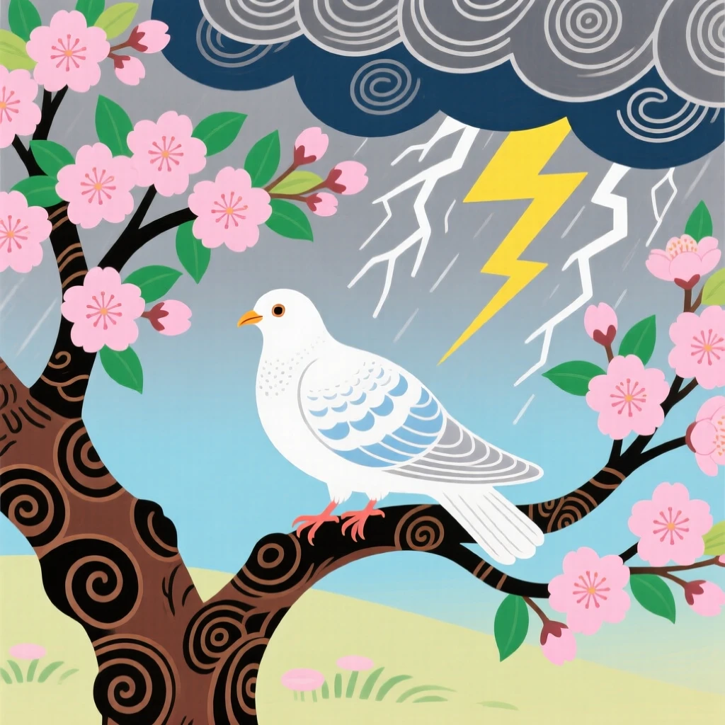 A dove perched under a cherry blossom tree, during a summer thunderstorm passing in the distance.
