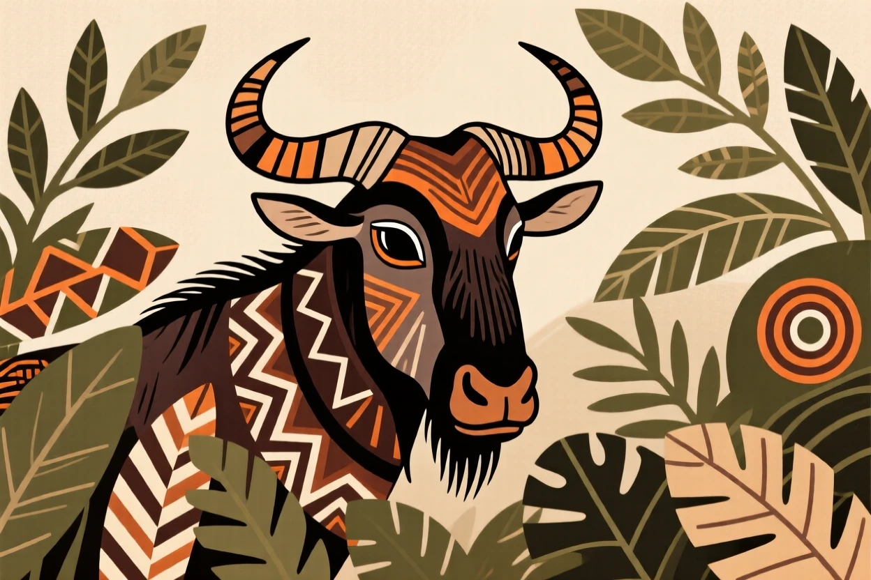 A wildebeest peering out from thick foliage.