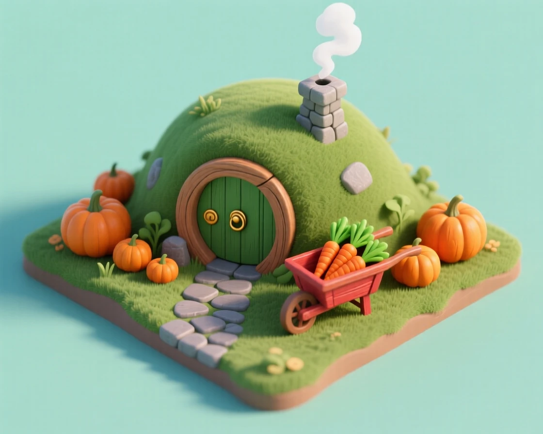 A round hobbit-style burrow home with a circular green door, a cobblestone path lined with pumpkins, smoke curling from a chimney hidden in the grassy hill, and a wheelbarrow full of carrots nearby.