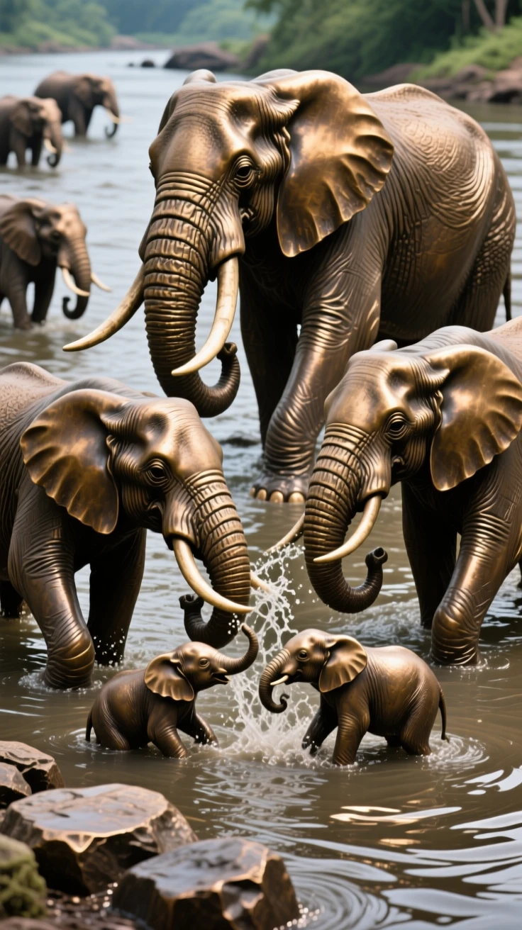 A herd of wild elephants bathing in a river, in a moment of raw, untamed beauty, evoking wonder and majesty