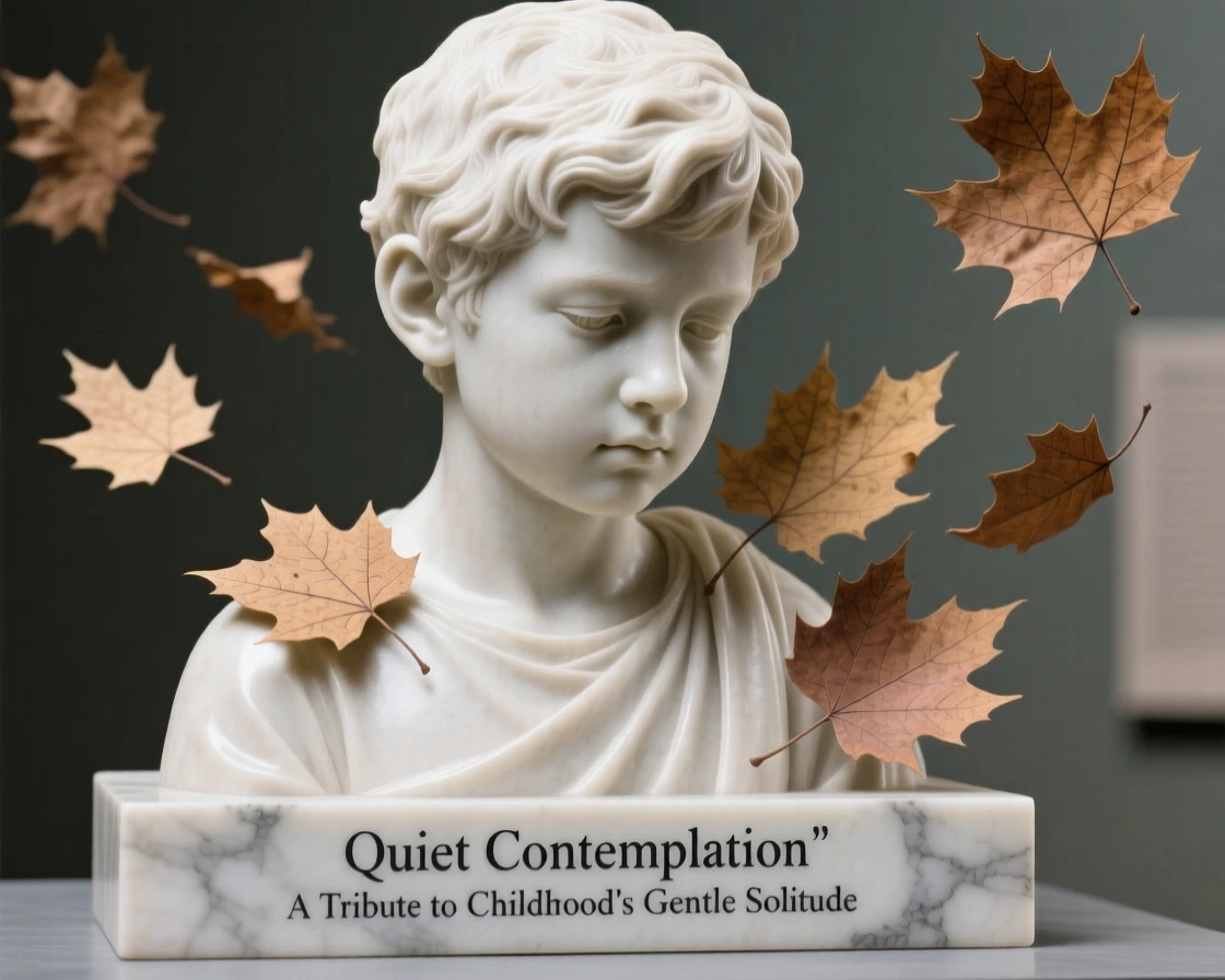 A close-up portrait of a little boy, lost in quiet contemplation, surrounded by drifting autumn leaves, radiating quiet emotion and dignity